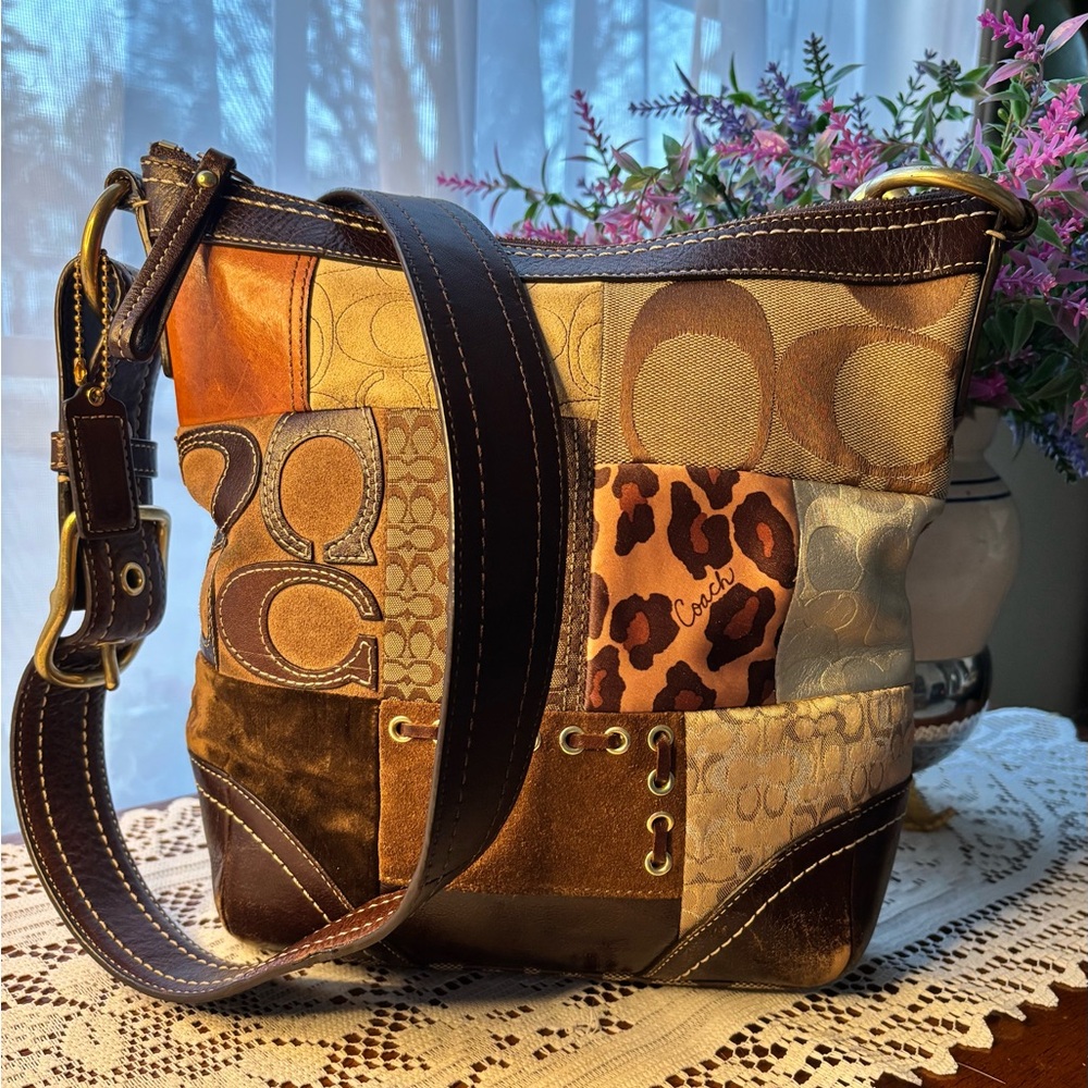 Coach Brown and Tan Patchwork Shoulder Bag with Signature Pattern